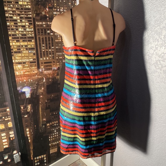 WAYF - NWT - dress: 🌈 striped sequin overlay mini w adj. straps, blk lining - L - Picture 15 of 16